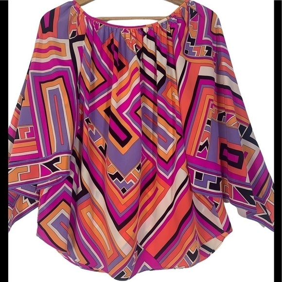 - Alice and Tricia Pink Black Silk Blouse Top Orange Cream Geometric Print - Picture 2 of 8